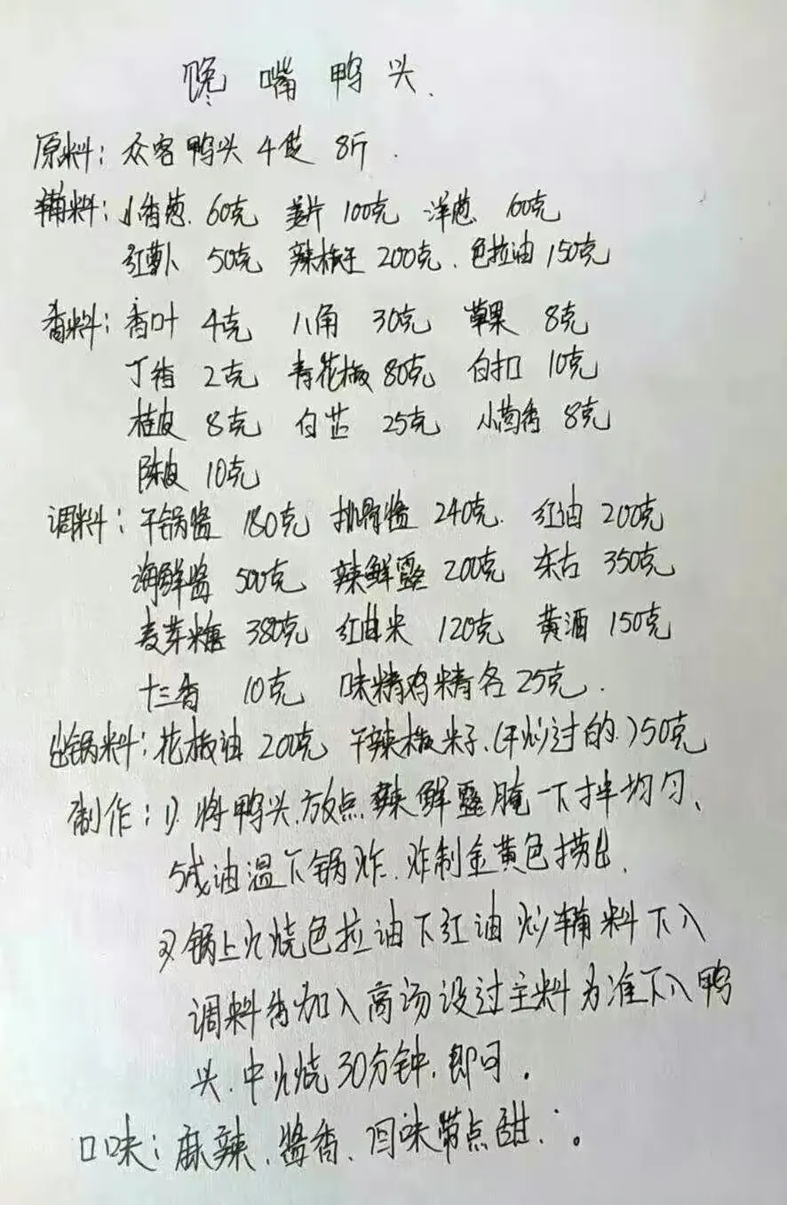 餐饮美食70岁厨师手写“小吃”配方